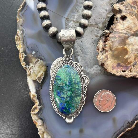 Sterling Southwestern Style Elongated Chrysocolla Decorated Pendant For Women - Picture 10 of 10